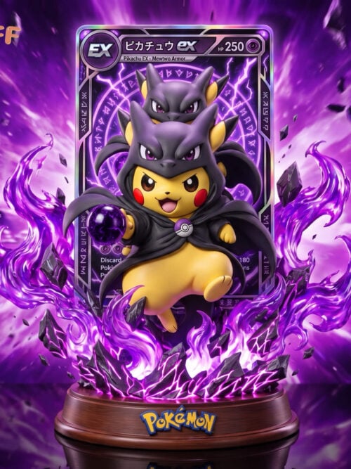 Pikachu in a black Mewtwo hood and cape holding a purple orb, surrounded by purple effects above a rocky base with a card-style backdrop.