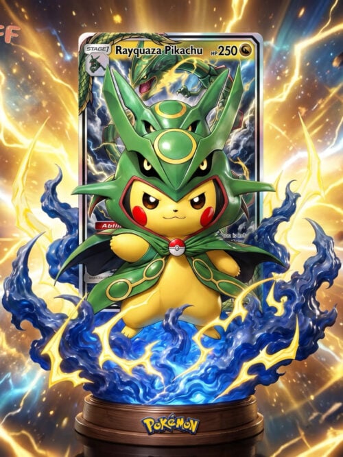 Pikachu in a green Rayquaza hood and cape, surrounded by blue effects and yellow lightning above a round Pokémon base, with a card-style backdrop.