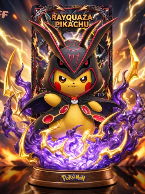 Pikachu in a black Rayquaza hood and red-accented cape, surrounded by purple effects and yellow lightning on a round Pokémon base, with a card-style backdrop.
