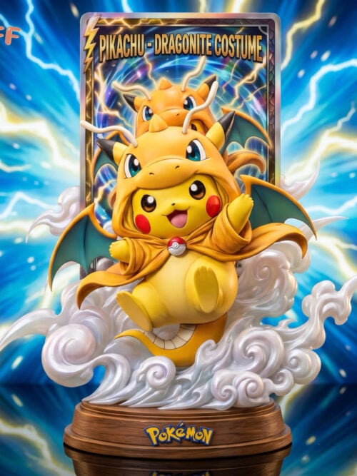 Pikachu in an orange Dragonite costume with green wing membranes, floating amid white clouds above a wood-effect base and card-style backdrop.