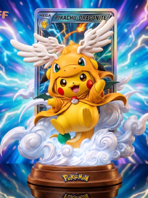 Pikachu in a Mega Dragonite costume with white feather-shaped hood wings, surrounded by clouds above a wood-effect base and card-style backdrop.