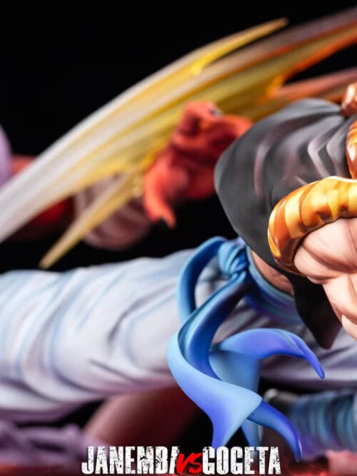Close-up of Gogeta's shouting face, blond hair, gold shoulder trim and blue sash, with Janemba behind him.