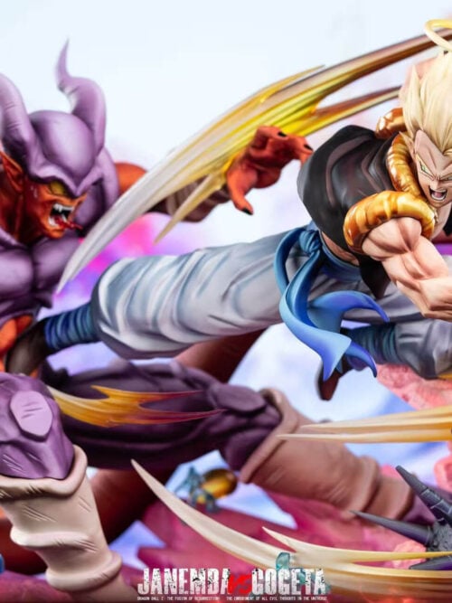 Gogeta kicks Janemba amid sweeping gold-and-white effects, with a blue sash and pink-purple terrain visible below.