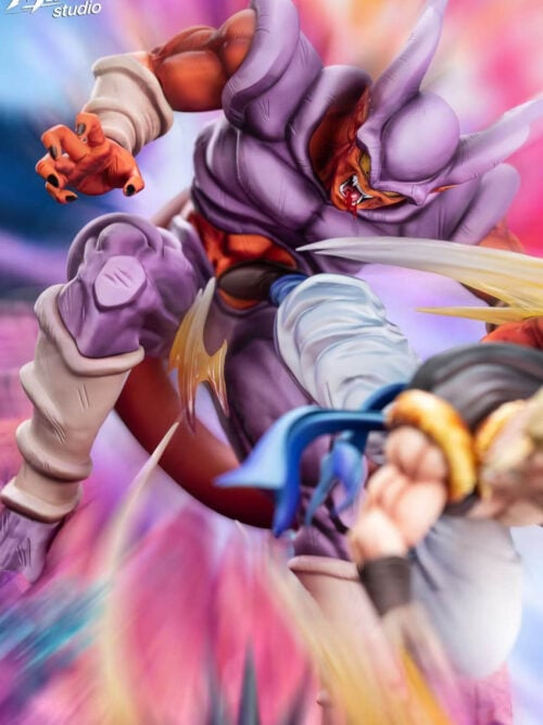 Angled close-up of Janemba's horned head, purple armor and open claw as Gogeta's boot strikes his abdomen.