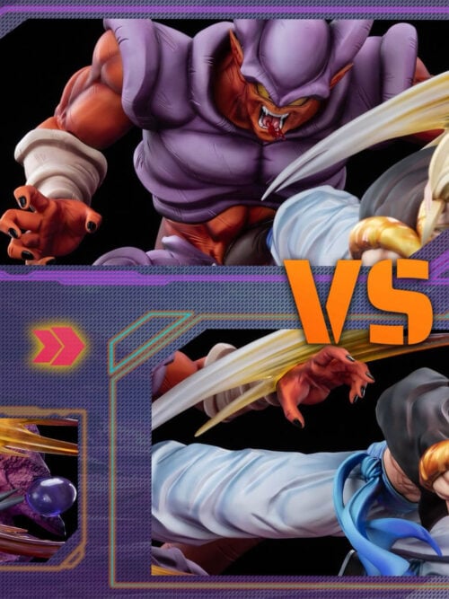 Detail collage showing Gogeta and Janemba portraits, small blue figures and a dark spiked form on the pink-purple base.