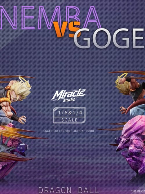 Front and back views of the same Gogeta vs Janemba diorama, showing the midair kick, curling tail and rocky base.