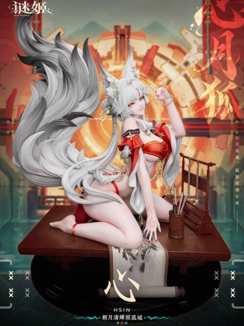 Hsin kneeling on a desk-like platform with a sweeping white fox tail, painted scroll and calligraphy brushes.