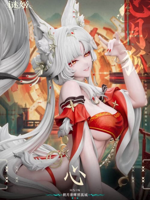 Three-quarter close-up of Hsin with white hair, decorated fox ears, a raised hand and long draped sleeves.
