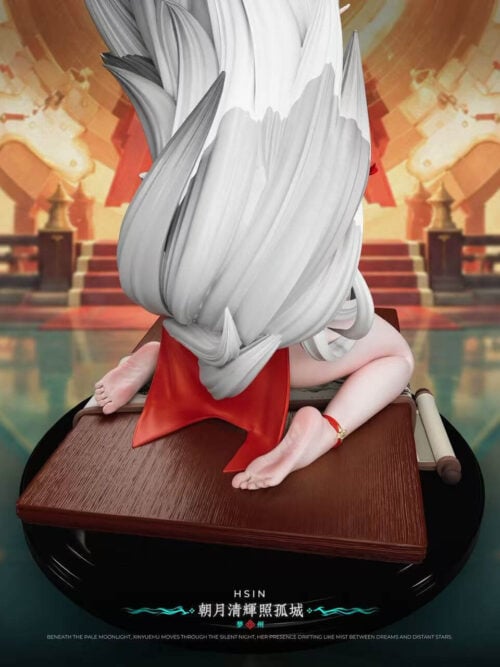 Rear detail of Hsin's large white fox tail, red drapery and kneeling feet on the wood-textured platform.