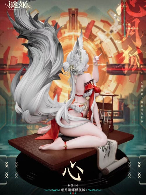 Rear three-quarter view of Hsin showing the sweeping fox tail, flowing white hair, kneeling pose and scroll-covered platform.
