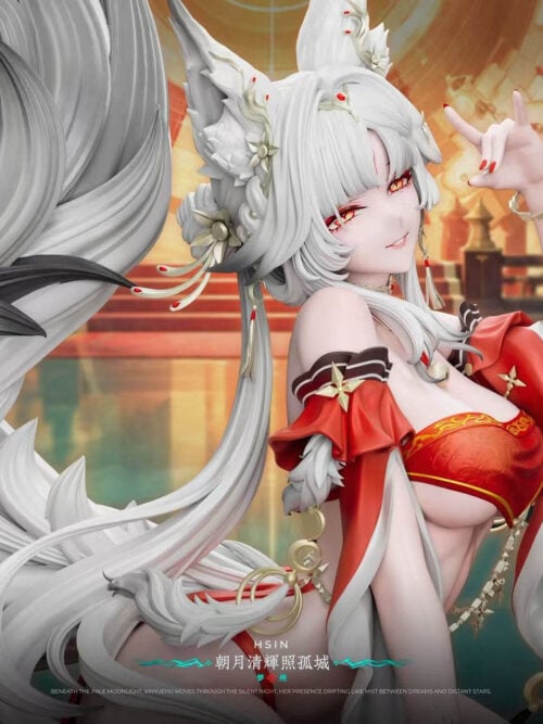 Wide three-quarter view of Hsin's face, raised hand and draped sleeves beside the sculpted white fox tail.