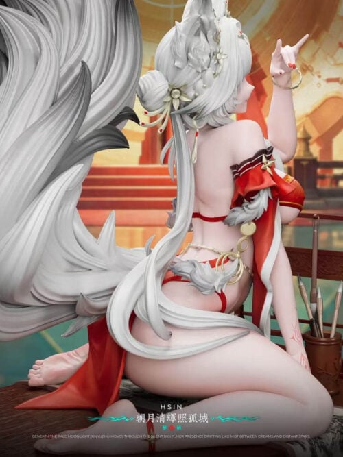 Wide rear three-quarter detail of Hsin with a large white fox tail, flowing hair and a brush rack beside the kneeling figure.