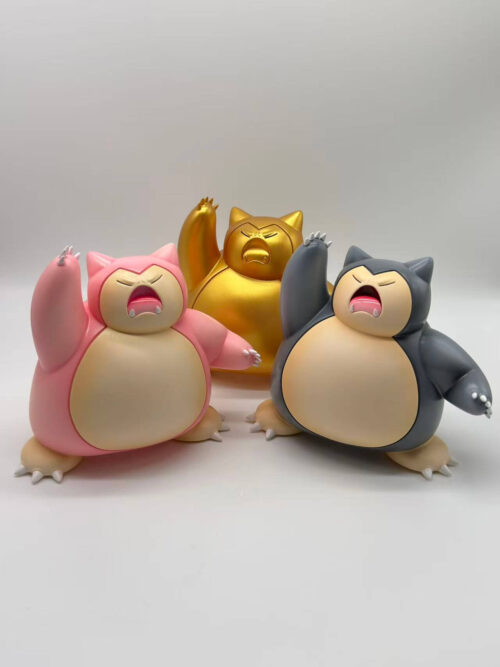 Pink Snorlax at left and dark gray Snorlax at right, with a gold version behind them, all sharing the raised-arm pose.