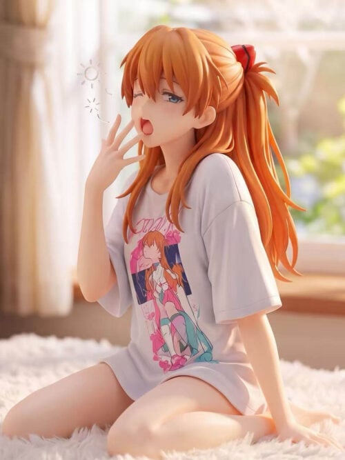 Three-quarter view of the seated Asuka figure with a yawning expression, orange hair, red hair clip and colorful print on a white T-shirt.