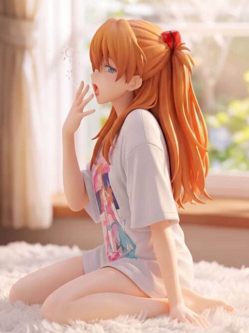 Side view of the seated Asuka figure showing long orange hair, a red hair clip, loose white T-shirt and one hand raised near her mouth.