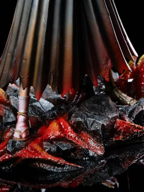 Close-up of Ichigo's torn black robe hem and feet above fractured dark rocks with red-orange spikes.