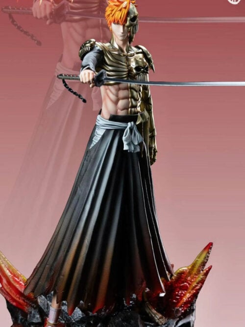 Front promotional view of Ichigo with orange hair, gold-toned skeletal armor and a horizontal sword above black robes and a red-accented rocky base.