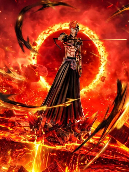 Ichigo Kurosaki Hell Armor statue holding a sword above a rocky base, composited into a fiery landscape with a glowing ring.