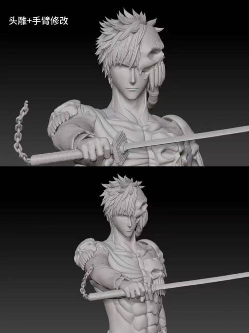 Two gray digital sculpt views of Ichigo's masked head and sword-holding arm, labeled as head and arm revisions.
