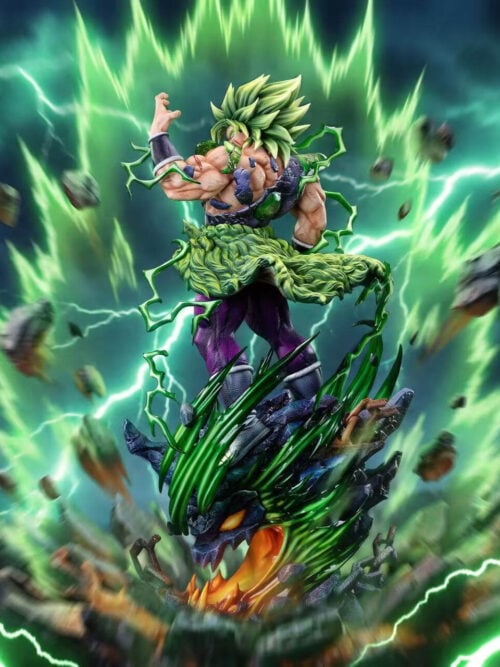 Green-haired Broly looking over his shoulder above a dragon-head base, against a promotional backdrop of green lightning and floating rocks.