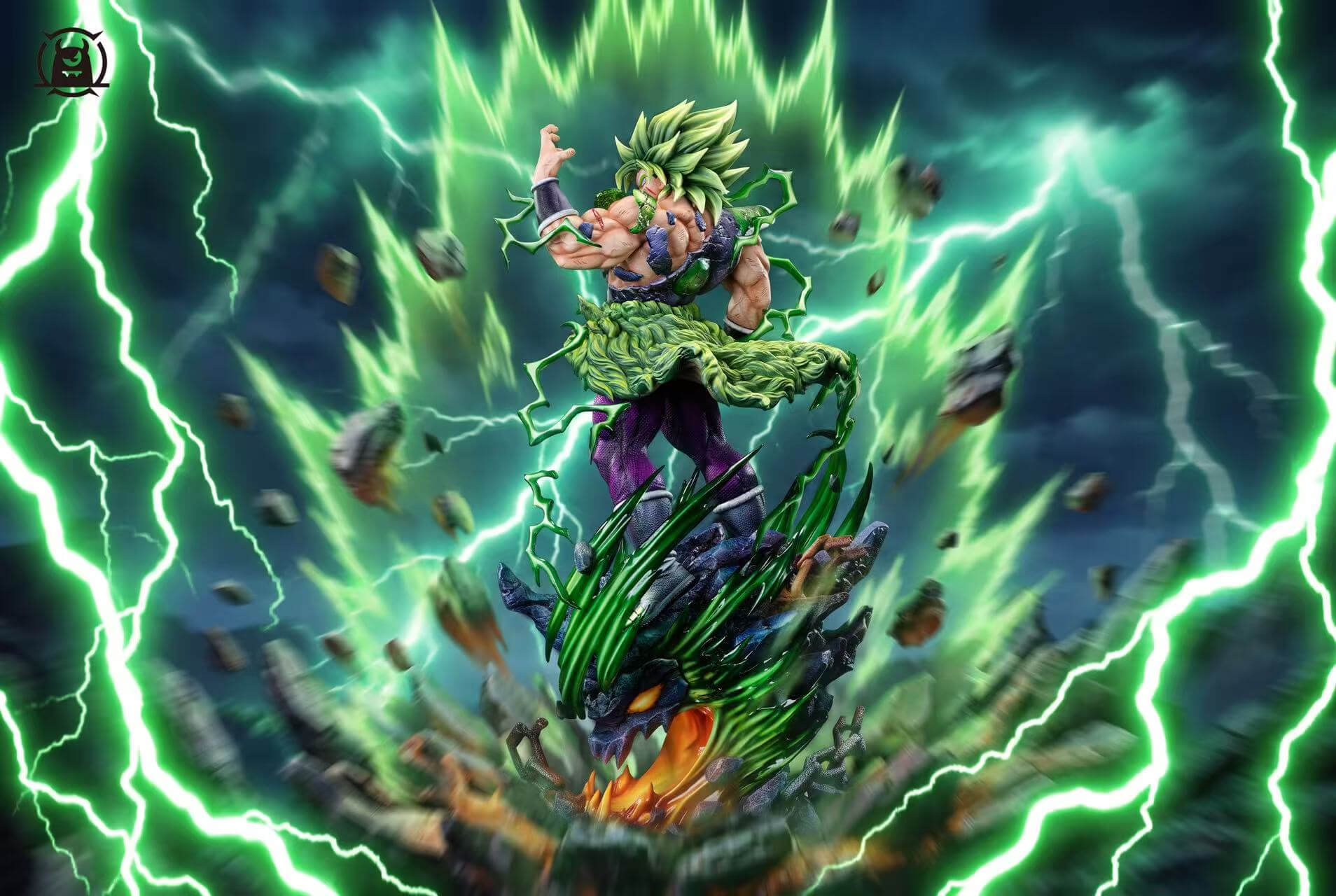 Broly Looking Back New Version — Promotional Composite Green-haired Broly looking over his shoulder above a dragon-head base, against a promotional backdrop of green lightning and floating rocks.