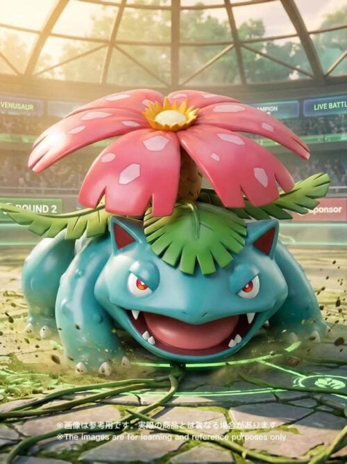 Promotional render of Venusaur with a broad pink flower, spreading green leaves and an open mouth against a stadium backdrop.