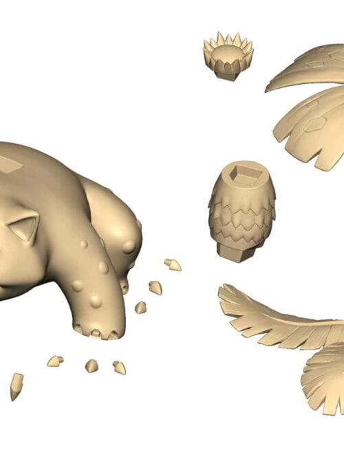 Exploded Venusaur render showing the body, flower petals, flower center, trunk, leaves, tongue and separate claw parts.