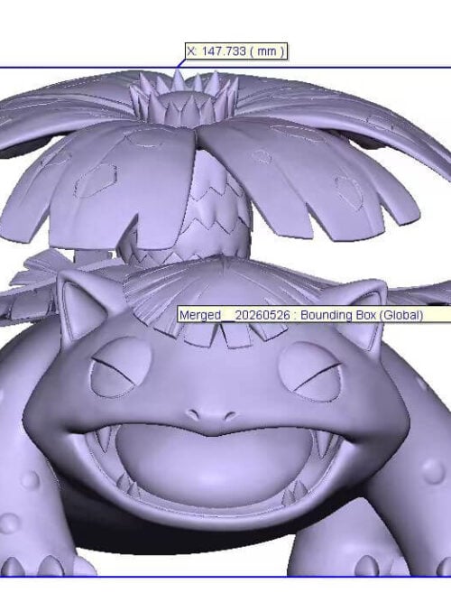 Front-view Venusaur model render with dimensions labeled X 147.733 mm, Z 148.302 mm and Y 105.293 mm.