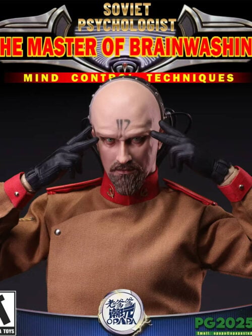 Close-up of Yuri's bald head, forehead marking and goatee, with black-gloved fingers at both temples and cables behind his head.