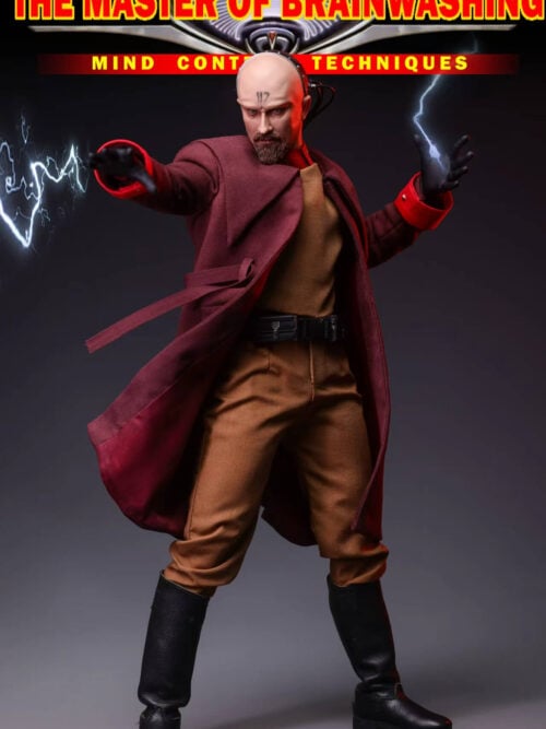 Yuri figure in a flared burgundy overcoat, standing with both arms raised and lightning graphics around his black-gloved hands.