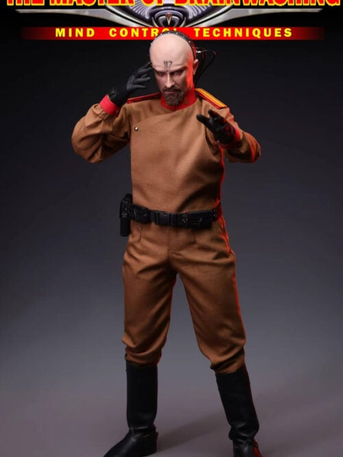 Yuri figure in a brown uniform, touching one temple with a black-gloved hand while extending the other hand forward.
