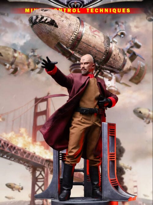 Yuri in a burgundy overcoat reaching forward on the separately offered psychic aircraft, against an illustrated airship backdrop.