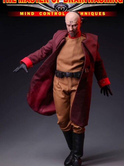 Full-length Yuri figure wearing an open burgundy overcoat over a brown uniform, with outstretched gloved hands and black boots.