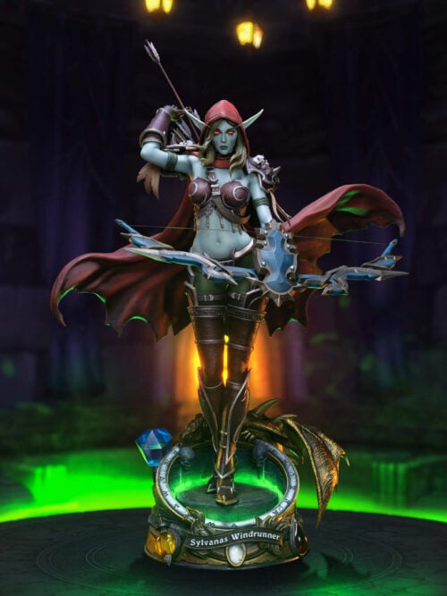 Full front view of Sylvanas Windrunner with a red hood, raised arrow and blue-and-silver bow on an ornate base.