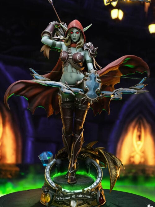 Sylvanas Windrunner statue with glowing red eyes, a sweeping red cloak and a blue-and-silver bow above a named display base.