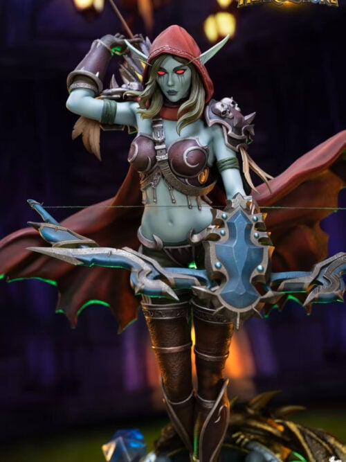 Front detail of Sylvanas Windrunner showing red eyes beneath her hood, skull shoulder armor and the blue-and-silver bow.