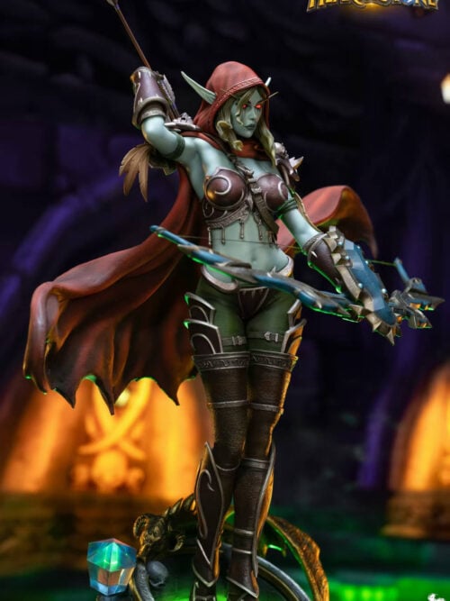 Three-quarter view of Sylvanas Windrunner with a raised arrow, flared red cloak, tall armored boots and a blue crystal beside the base.