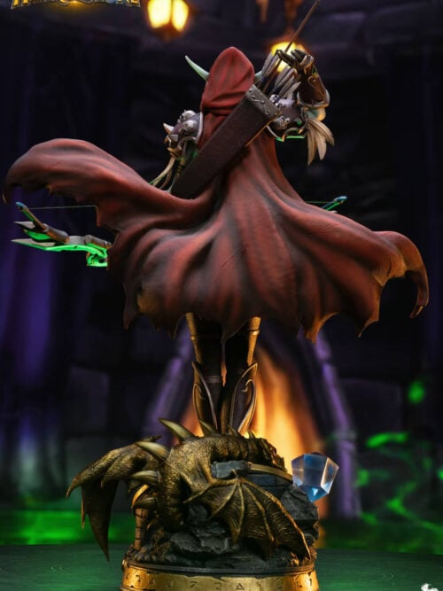 Rear view of Sylvanas Windrunner showing her arrow-filled quiver, flowing red cloak and winged creature detail on the base.