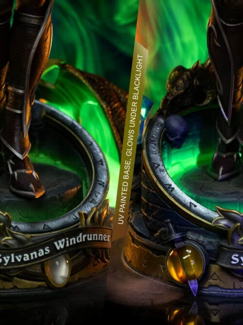 Side-by-side close-ups of the Sylvanas Windrunner base showing its fluorescent green paint effect under blacklight.