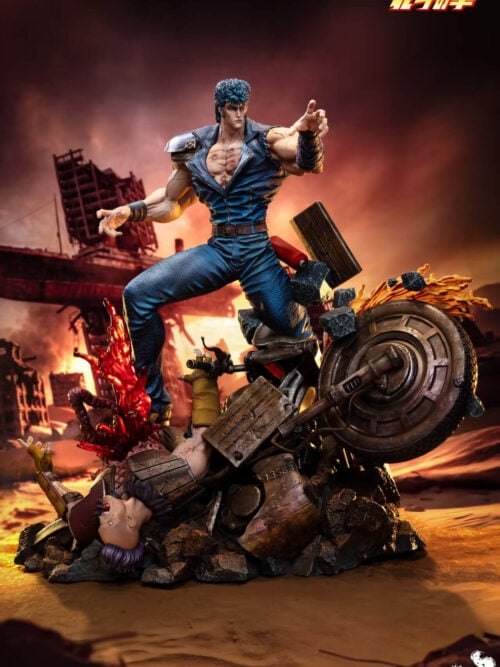 Kenshiro in a wide fighting stance above a fallen opponent and overturned motorcycle on a rubble base with flame and blood effects.