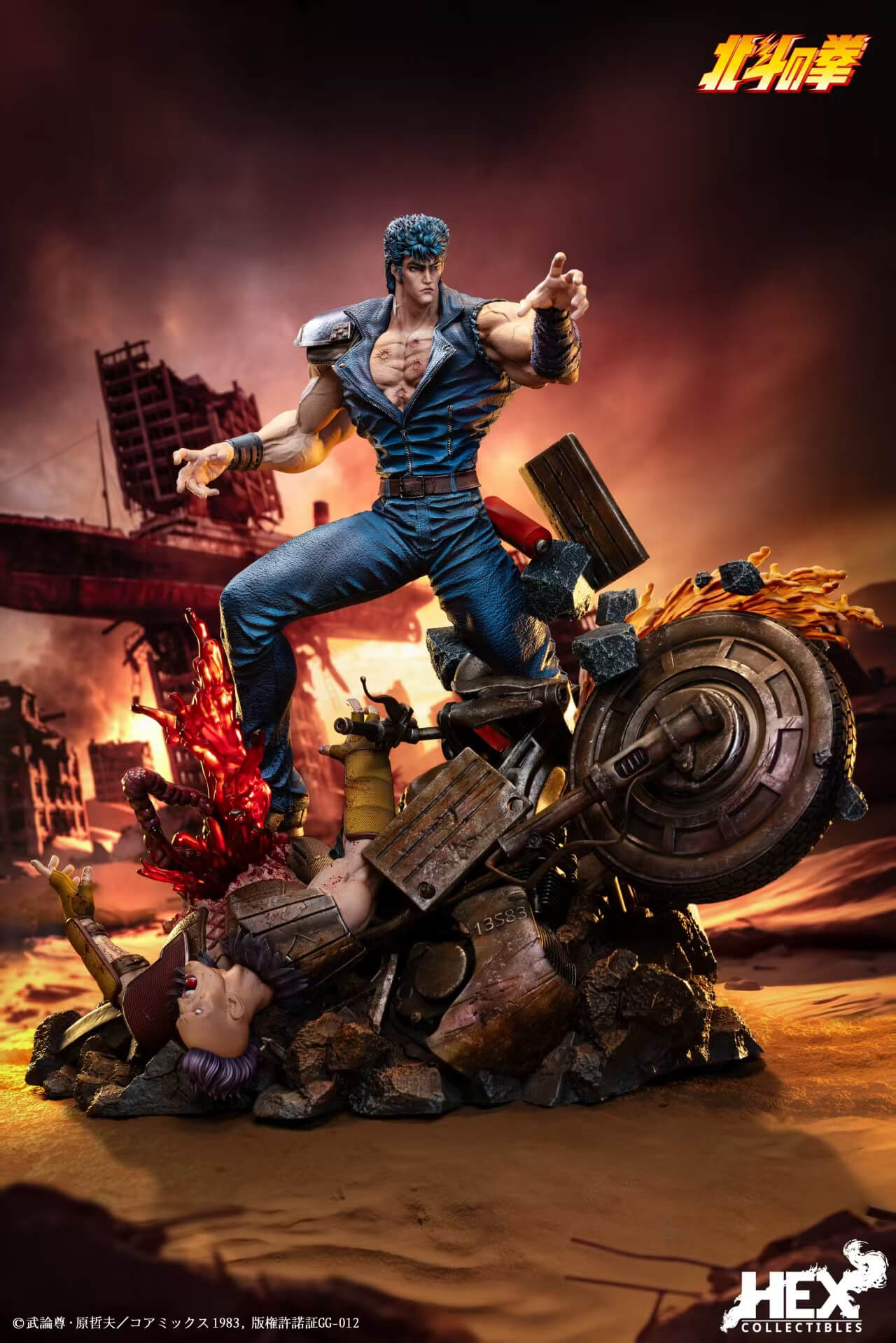 HEX Collectibles Kenshiro Statue – Full Front View Kenshiro in a wide fighting stance above a fallen opponent and overturned motorcycle on a rubble base with flame and blood effects.