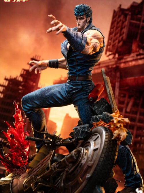Angled view of Kenshiro reaching forward above an overturned motorcycle, scattered rubble and red blood effects.