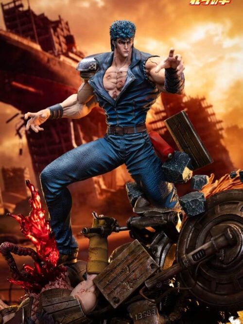 Front detail of Kenshiro's stern face, scarred chest, blue outfit and extended hand, with motorcycle wreckage below.