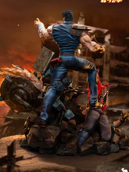 Rear view of Kenshiro's blue outfit and shoulder armor above motorcycle wreckage, flame effects and a fallen opponent.