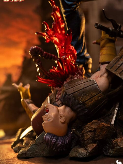 Close-up of the fallen purple-haired opponent with damaged armor and red blood effects on Kenshiro's rubble base.