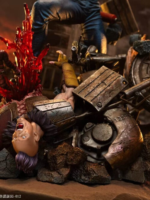 Wide detail of Kenshiro's base showing a fallen opponent, overturned motorcycle, broken concrete, flames and red blood effects.