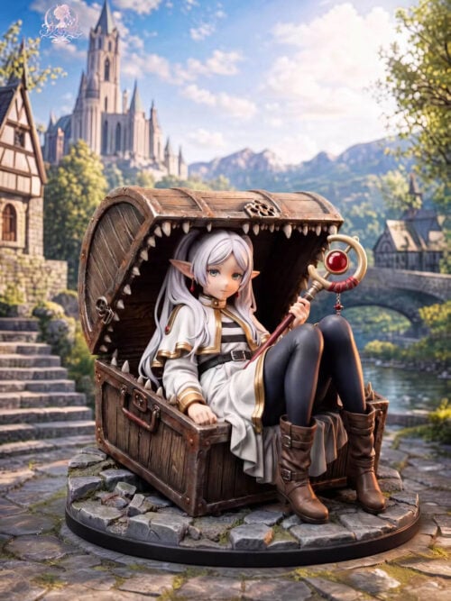 Frieren seated in a tooth-lined mimic chest, holding a red-and-gold staff above a round cracked-stone base.