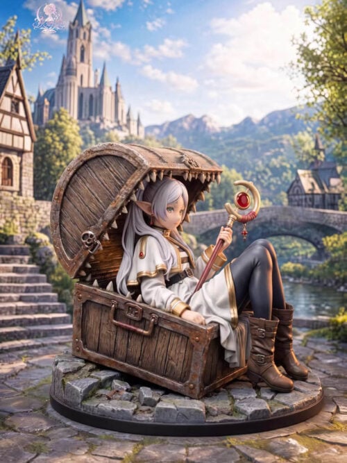 Angled side view of Frieren holding her staff in an open mimic chest, with wood-grain panels, brown boots and a round stone base.