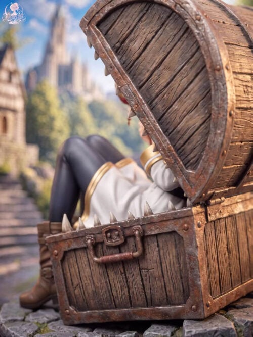 Close-up of the mimic chest's wood-grain lid, pointed teeth, rust-colored fittings and side handle, with Frieren partly obscured.
