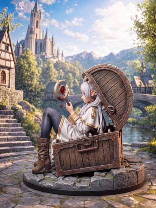 Left-facing profile of Frieren seated in a mimic chest, holding her staff above raised knees on a cracked-stone base.